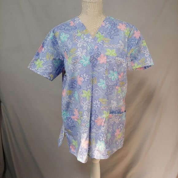 Simply Basic Flower Print Scrub Top Size M Super Soft Blue Medical Nursing - Picture 1 of 10